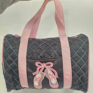 Dansbagz Girls Pink Quilted On Point Black Satin Duffel Bag 12" x 8" x 5"